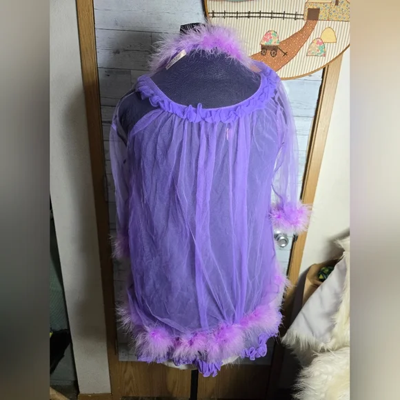 Vtg 60s Sheer Purple Flowy Boho Ruffle Babydoll Negligee Lingerie Top with Robe - Picture 4 of 13